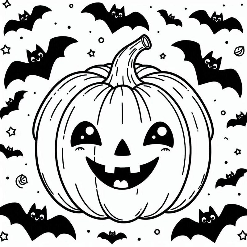 Desenho de abóbora de Halloween sorridente com morcegos voando