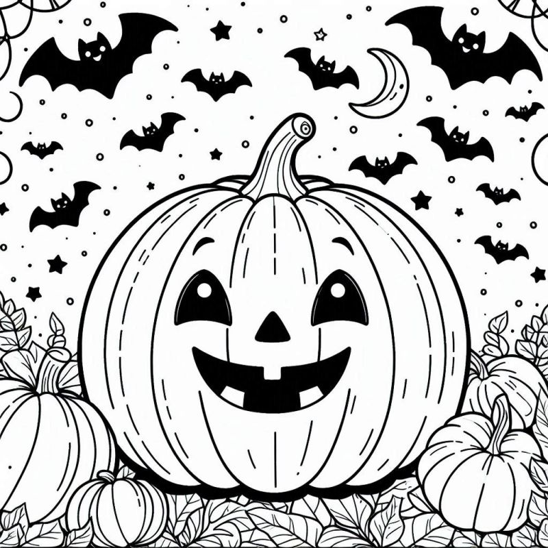 Desenho para colorir de grandes abóboras e morcegos de Halloween