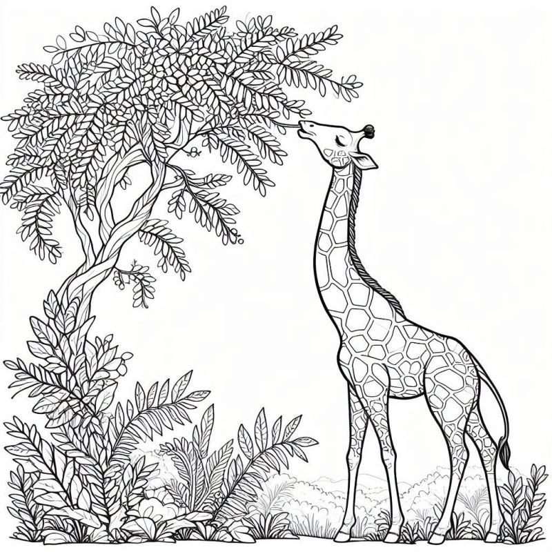 Desenho de girafa e acácia para colorir, ideal para explorar a fauna africana.