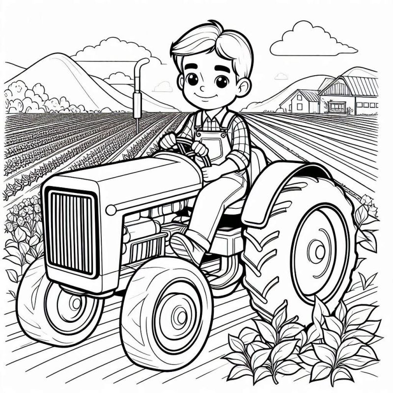 Desenho de um jovem agricultor dirigindo um trator na fazenda para colorir