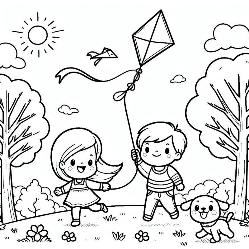 Desenho para Colorir de Crianças Brincando com Pipa e Cachorro