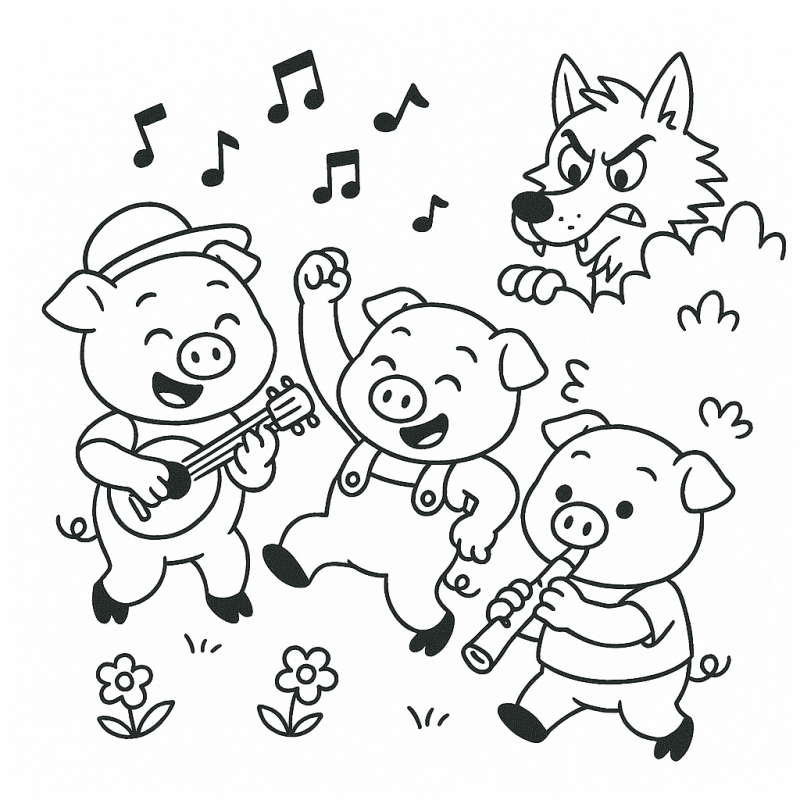 Desenho Vibrante dos Três Porquinhos com Música para Colorir
