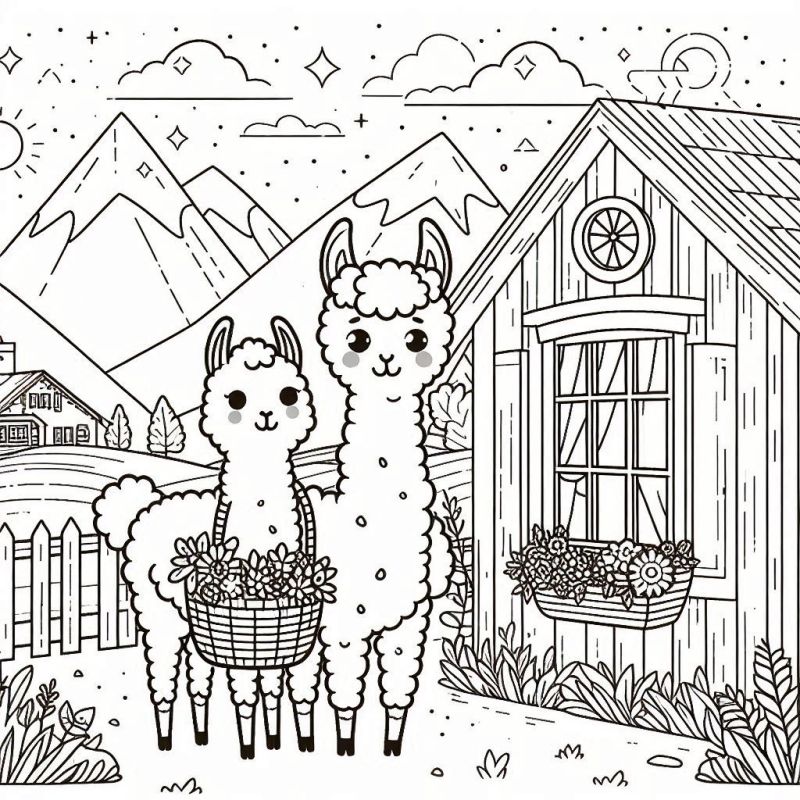 Desenho de alpacas fofas em um campo florido para colorir