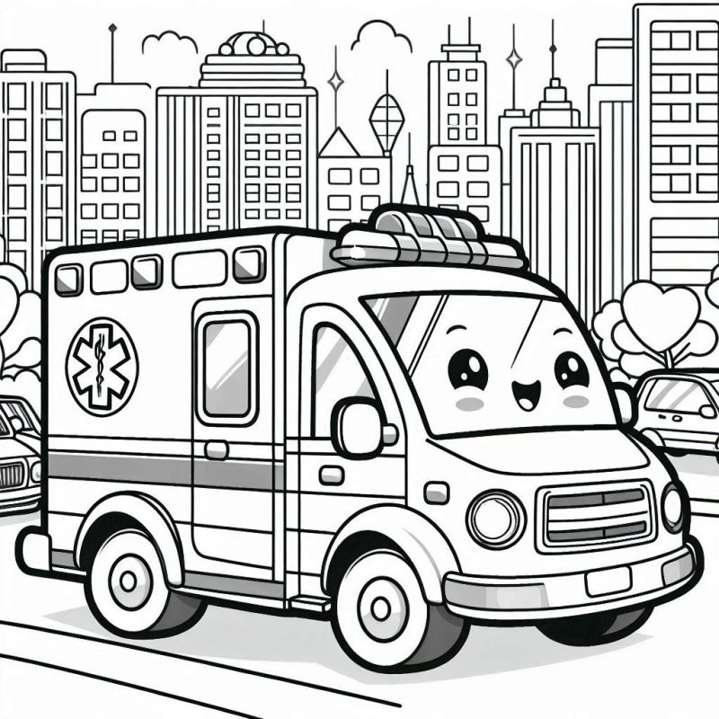 Divertido Desenho de Ambulância Caricaturada para Colorir