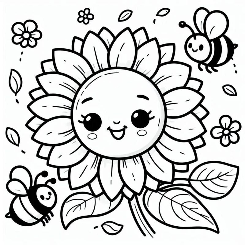 Desenho de Flor Animada com Abelhas para Colorir