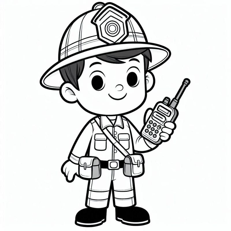 Desenho de jovem bombeiro em estilo animado para colorir com detalhes de uniforme e rádio comunicador