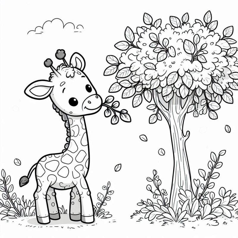 Desenho de Girafa Fofa com Cenário Adorável para Colorir