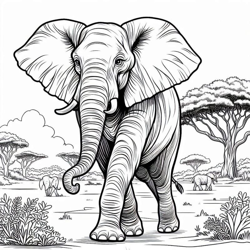 Desenho Detalhado de Elefante na Savana Africana