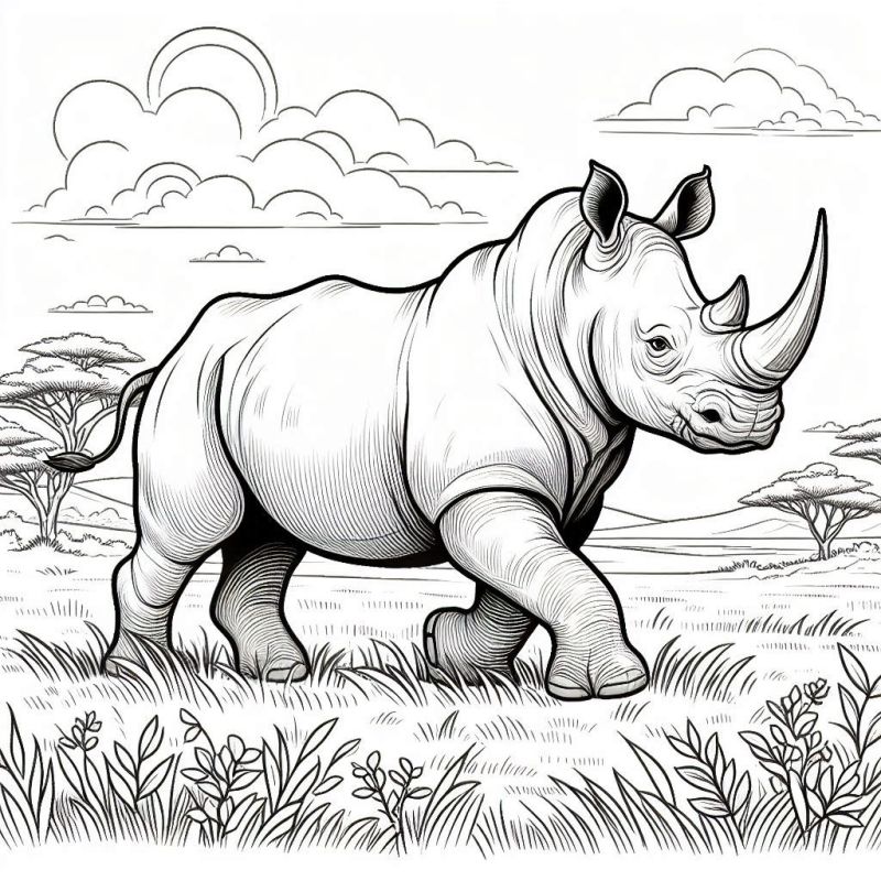 Desenho de rinoceronte caminhando na savana africana para colorir