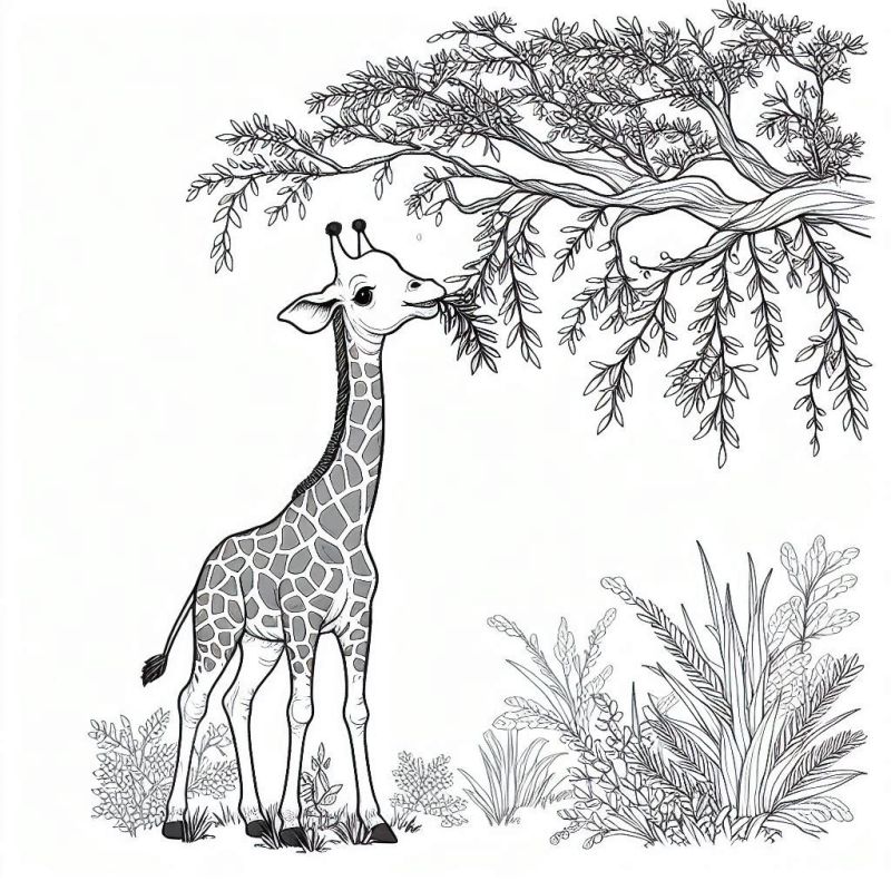 Girafa Comendo Folhas na Savana Africana para Colorir