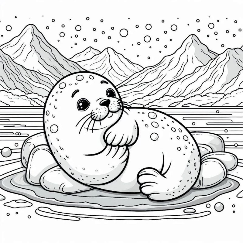 Desenho de foca rechonchuda em pedaço de gelo no Ártico para colorir