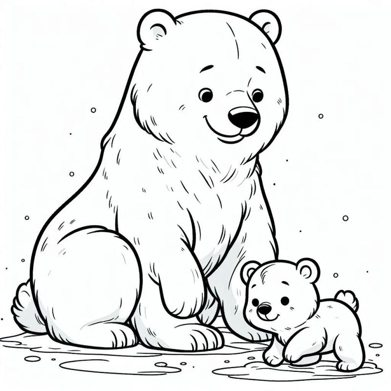 Desenho de um urso polar adulto e um filhote para colorir