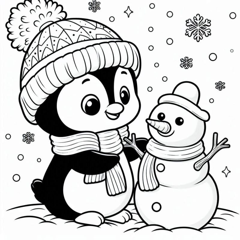 Desenho de pinguim amigável com boneco de neve para colorir