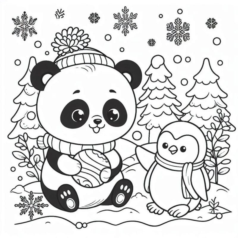 Desenho de panda e pinguim brincando na neve para colorir.