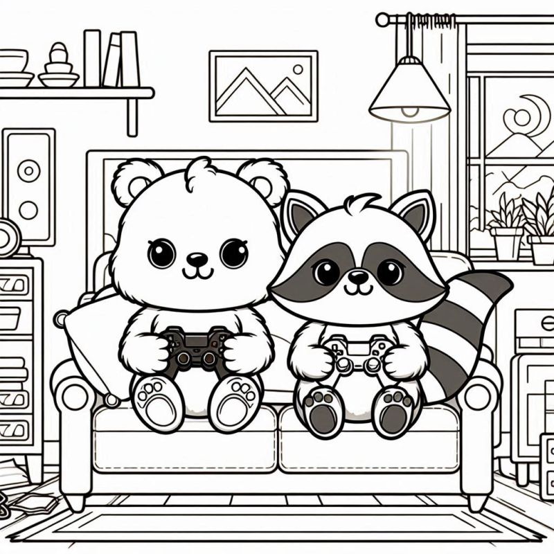 Desenho de urso e guaxinim jogando videogame juntos em um sofá.