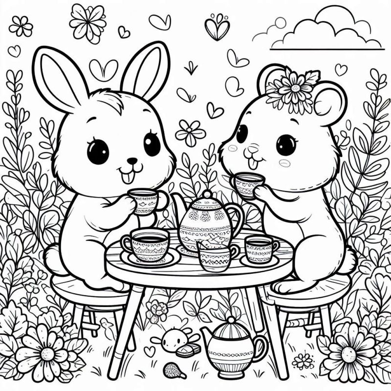 Desenho de coelho e hamster tomando chá no jardim para colorir