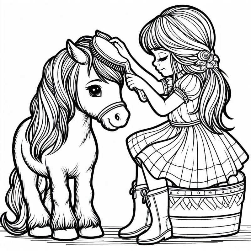 Desenho de Menina Cuidando de Pônei para Colorir