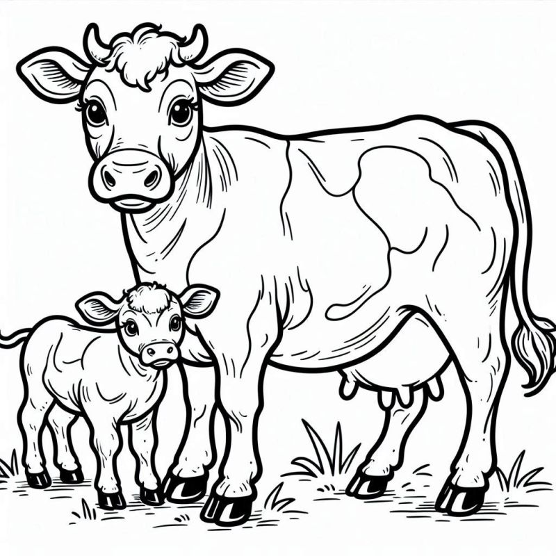 Duas vacas, uma adulta e um bezerro, para colorir. Desenho em estilo de linhas claras.