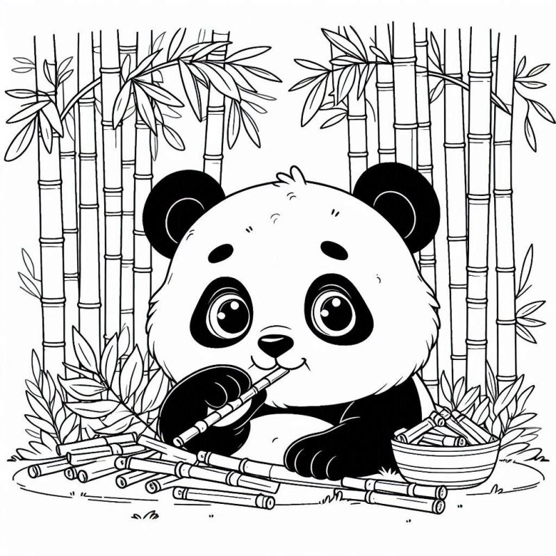 Desenho de Panda Fofo Comendo Bambu para Colorir