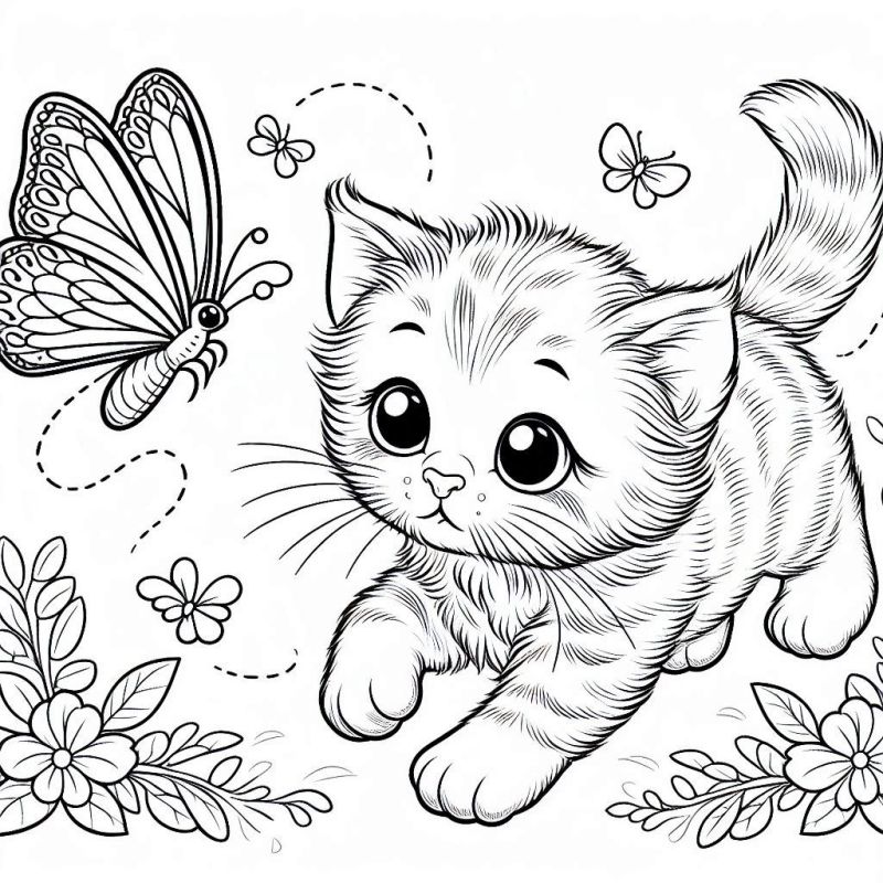 Desenho de Gatinho Fofo com Borboletas para Colorir