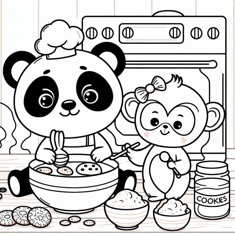 Desenho de Panda e Macaquinha na Cozinha para Colorir