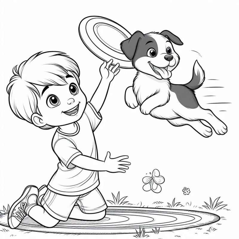 Desenho de Garoto e Cachorro Brincando com Frisbee para Colorir