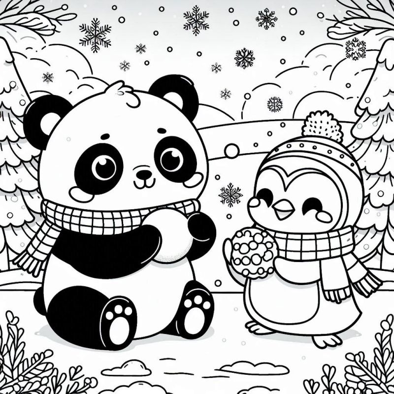 Desenho de panda e pinguim em uma aventura de inverno com neve