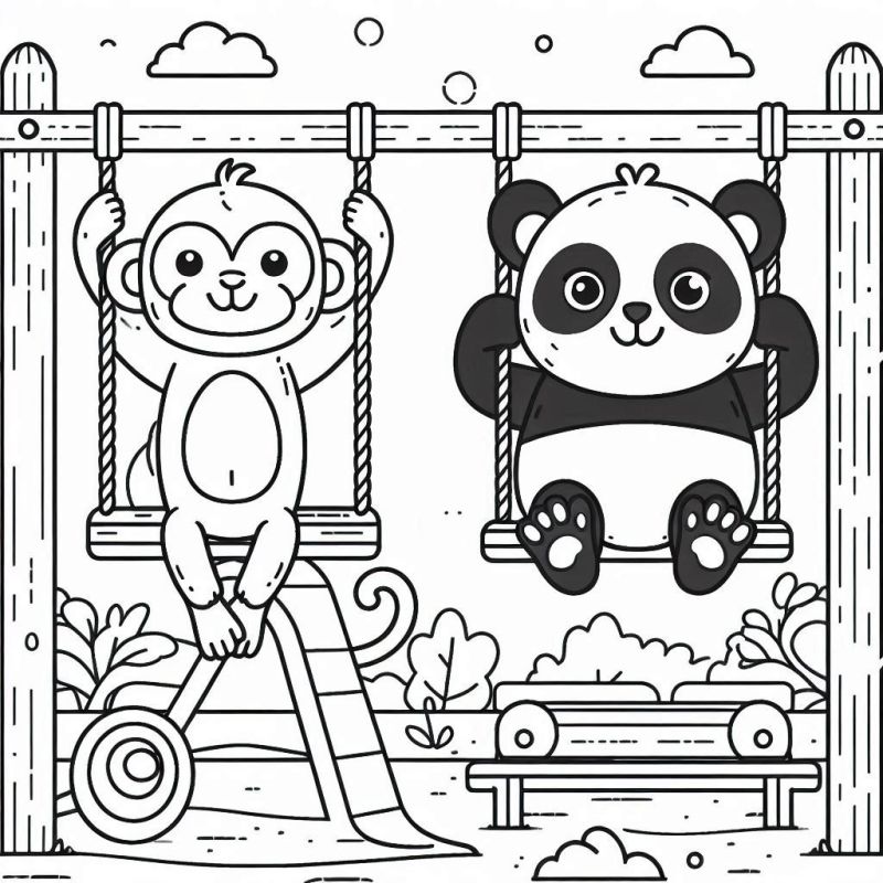 Macaco e Panda se Balançando em Parque Infantil para Colorir