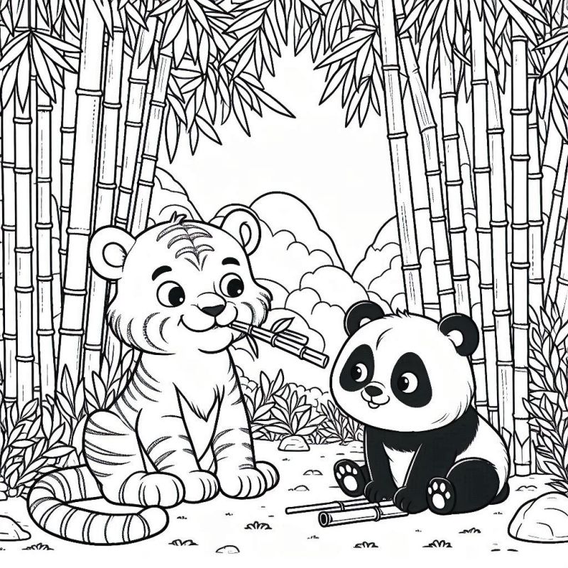 Desenho de tigre e panda em floresta de bambu para colorir