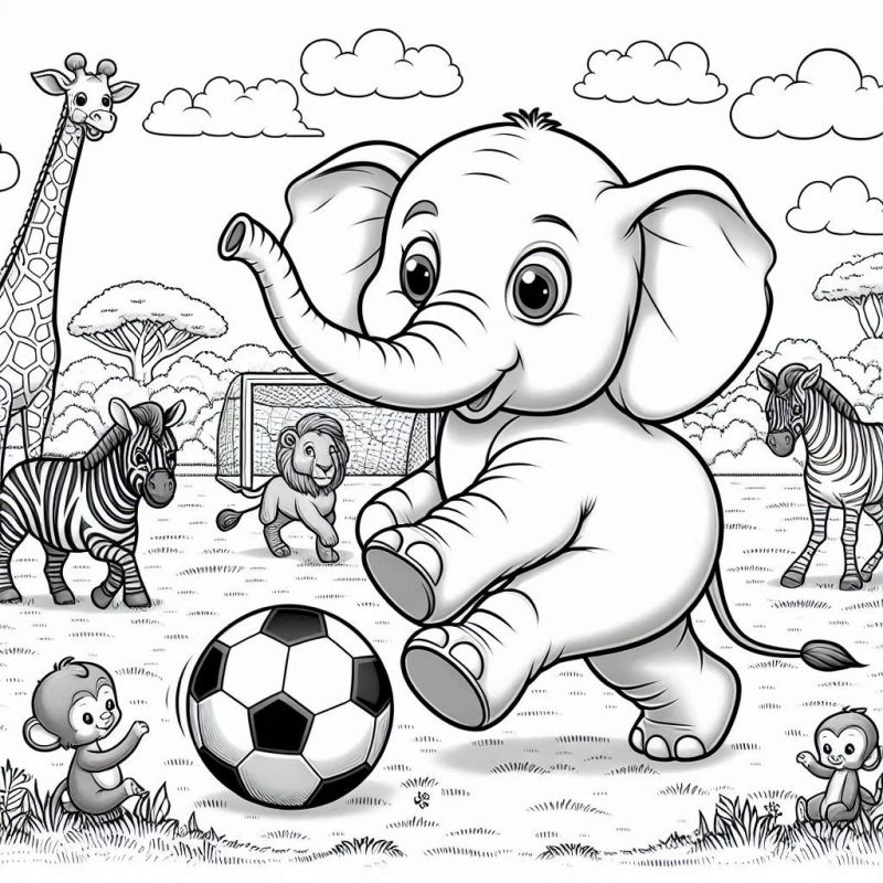 Desenho de Elefante Jogando Futebol na Savana