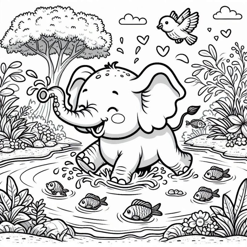 Desenho de Elefante Brincando na Água para Colorir