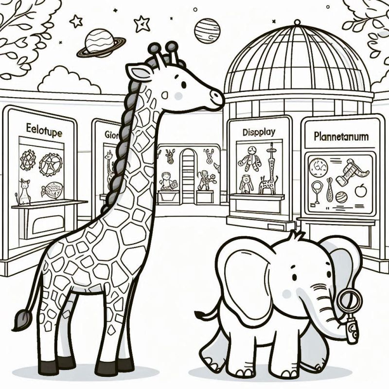 Girafa e Elefante em Museu Espacial para Colorir