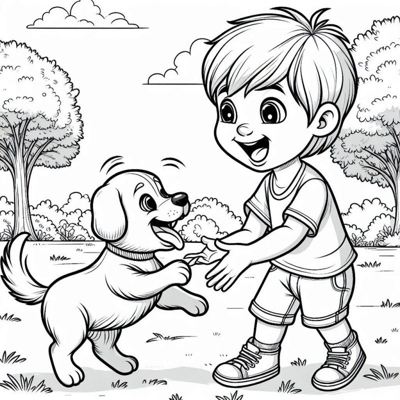 Desenho para colorir de menino feliz com cachorro no parque