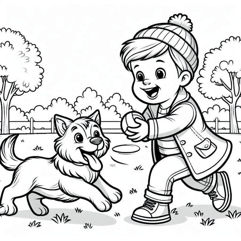 Desenho para colorir de menino brincando com seu cão em um campo