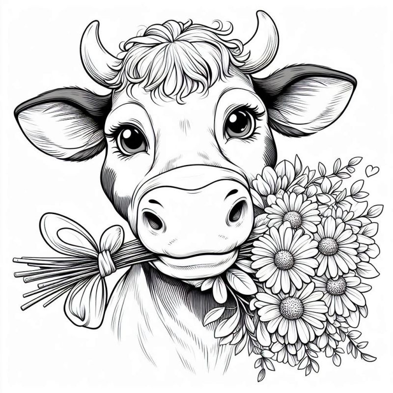 Desenho Detalhado de Vaca com Flores e Cenouras para Colorir