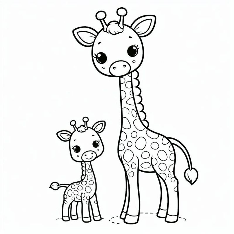 Desenho de girafa adulta e filhote para colorir