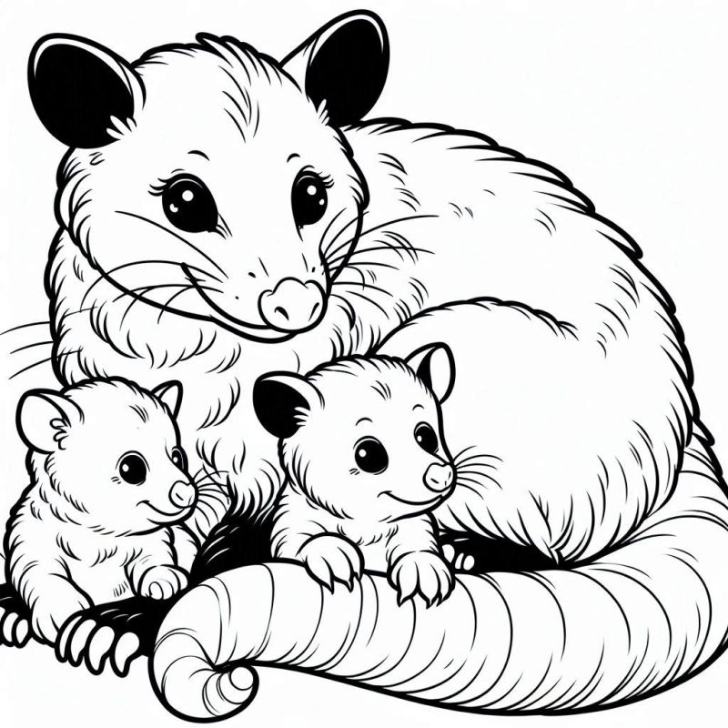 Desenho de Opossum Adorável com Filhotes para Colorir