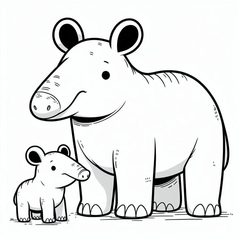 Desenho para colorir de tapir com filhote