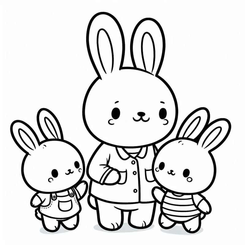 Desenho de trio de coelhos com filhotes para colorir