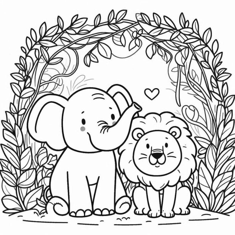 Desenho para colorir de um elefante sorridente e um leão com juba em um cenário de floresta.