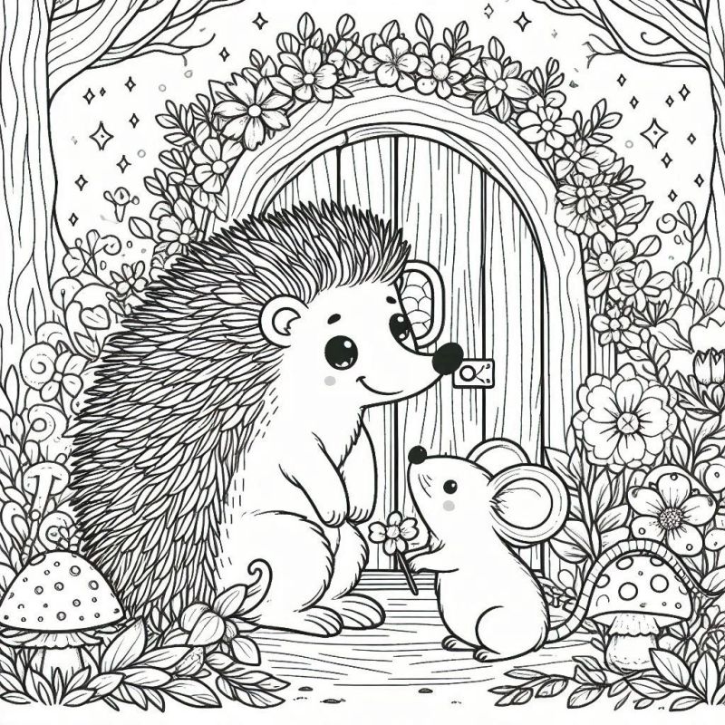 desenho ouriço e rato na floresta aventura para colorir