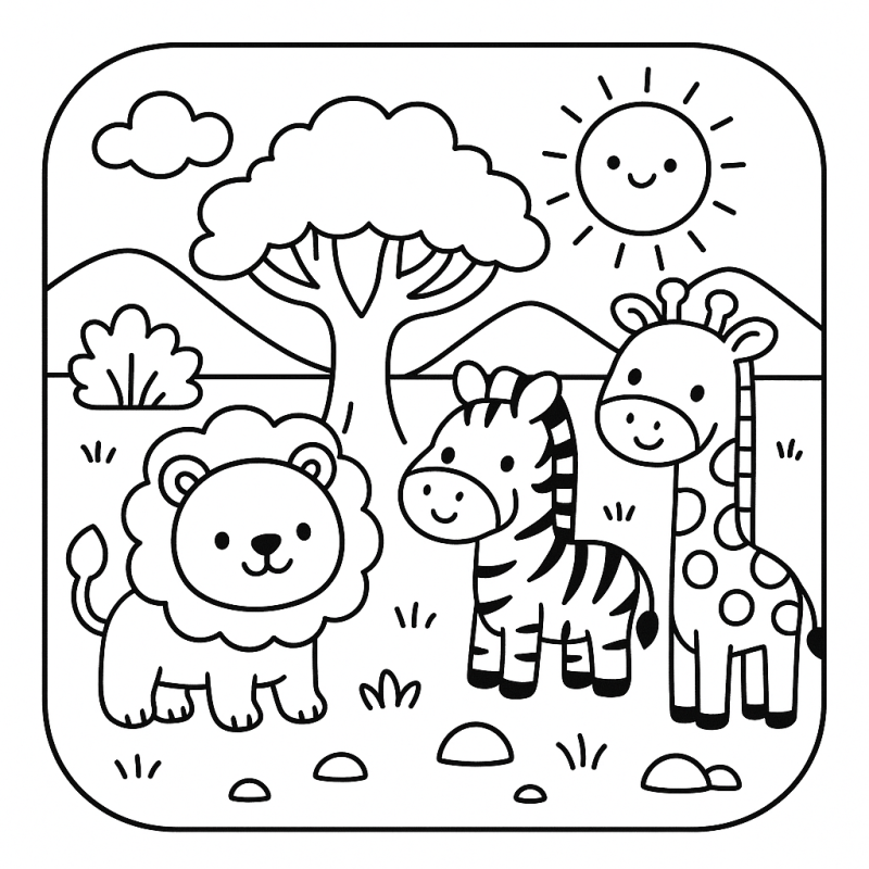 Desenho Fofo com Leão, Zebra e Girafa para Colorir