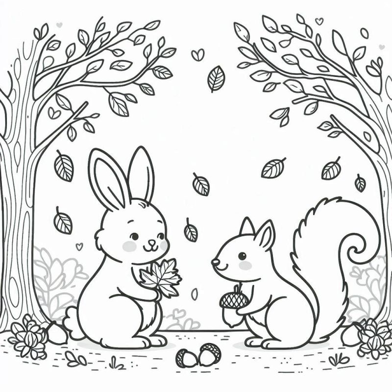 Desenho de Floresta Encantadora com Animais Fofos para Colorir