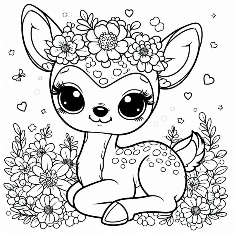 Desenho de um cervo bebê fofo com coroa de flores relaxando, pronto para ser colorido.