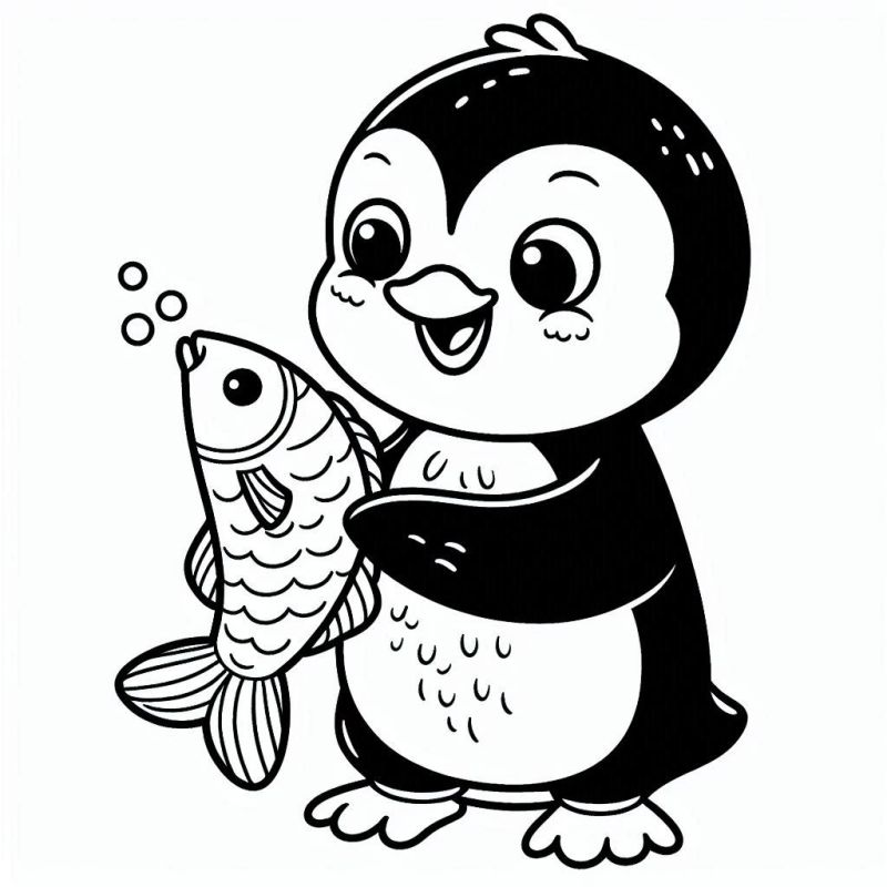 Desenho de Pinguim Fofo com Peixe para Colorir