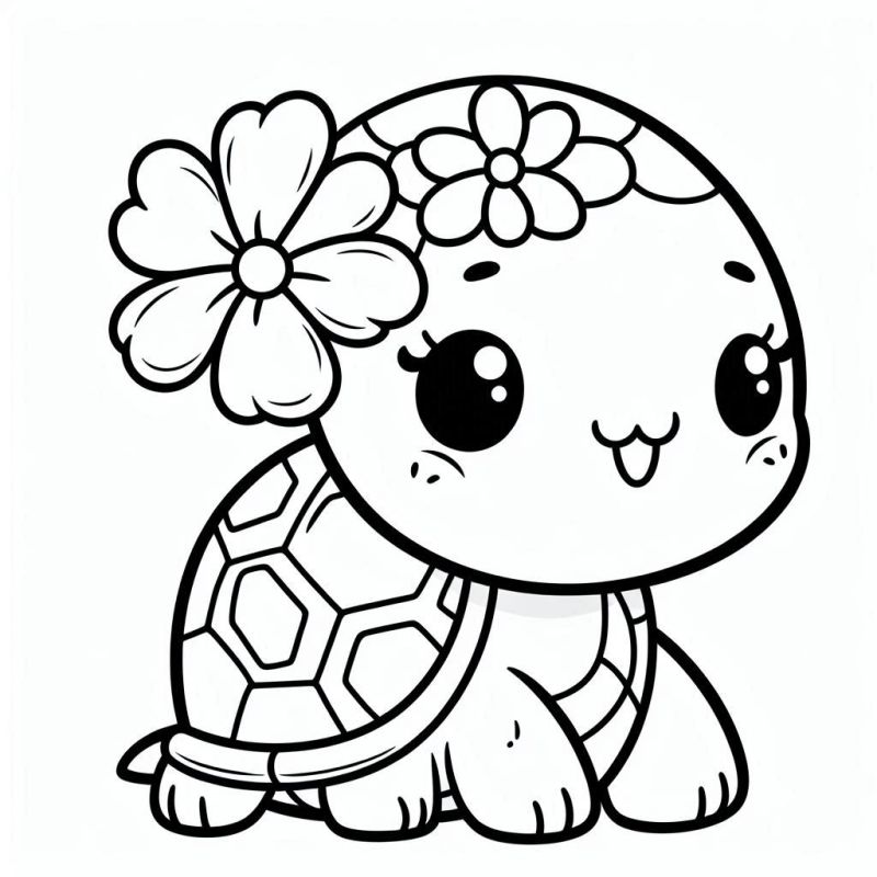 Desenho de Tartaruga Fofa com Flores para Colorir