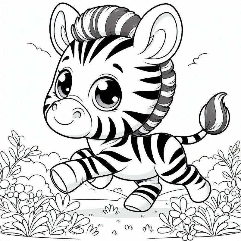 Desenho de uma zebra feliz correndo em um campo florido, perfeito para colorir.