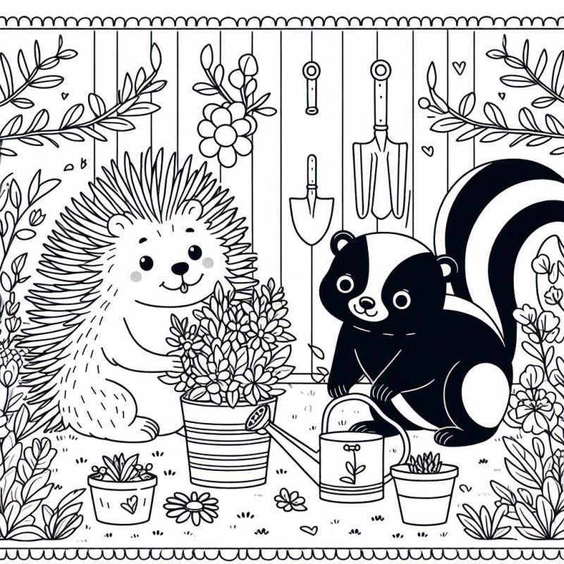 Desenho do Porco-Espinho e Gambá no Jardim para Colorir