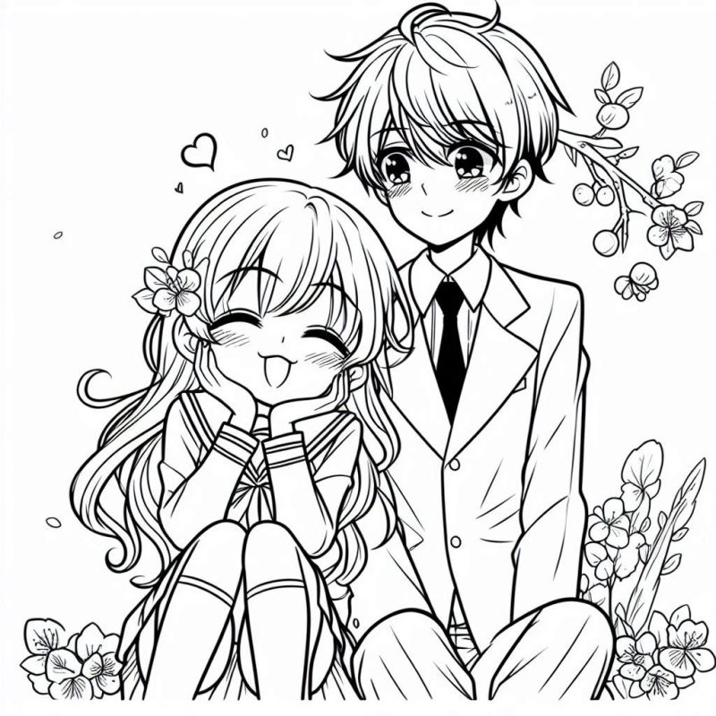 Desenho de dois personagens de anime em um cenário floral para colorir