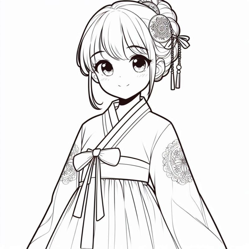 Desenho de Jovem Anime Vestida em Hanbok para Colorir